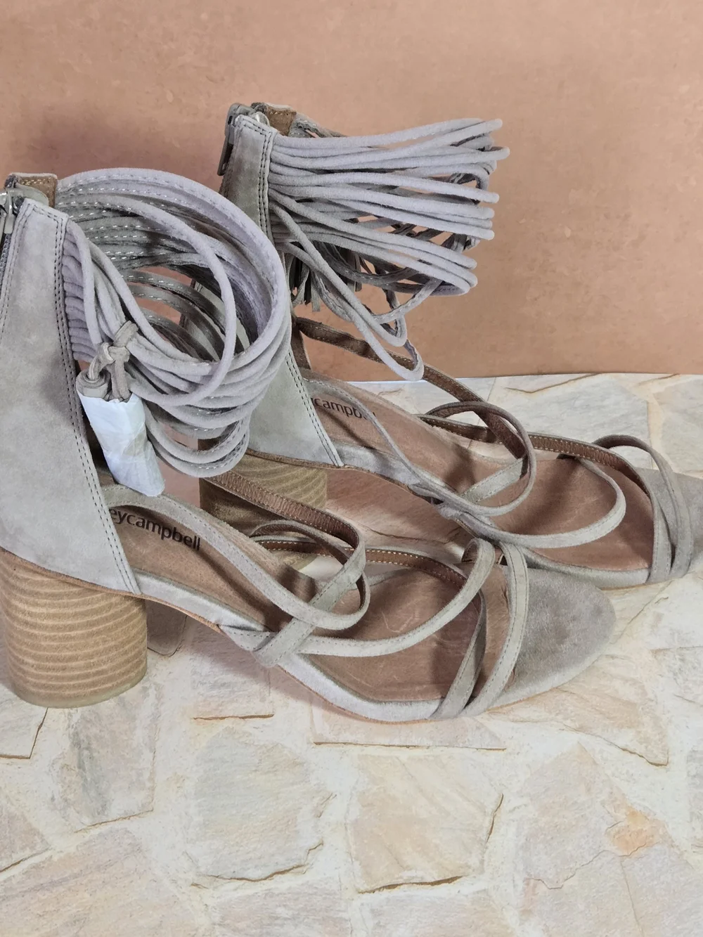 Jeffrey Campbell Taupe Suede Wrap-Ankle Block Heel Sandals